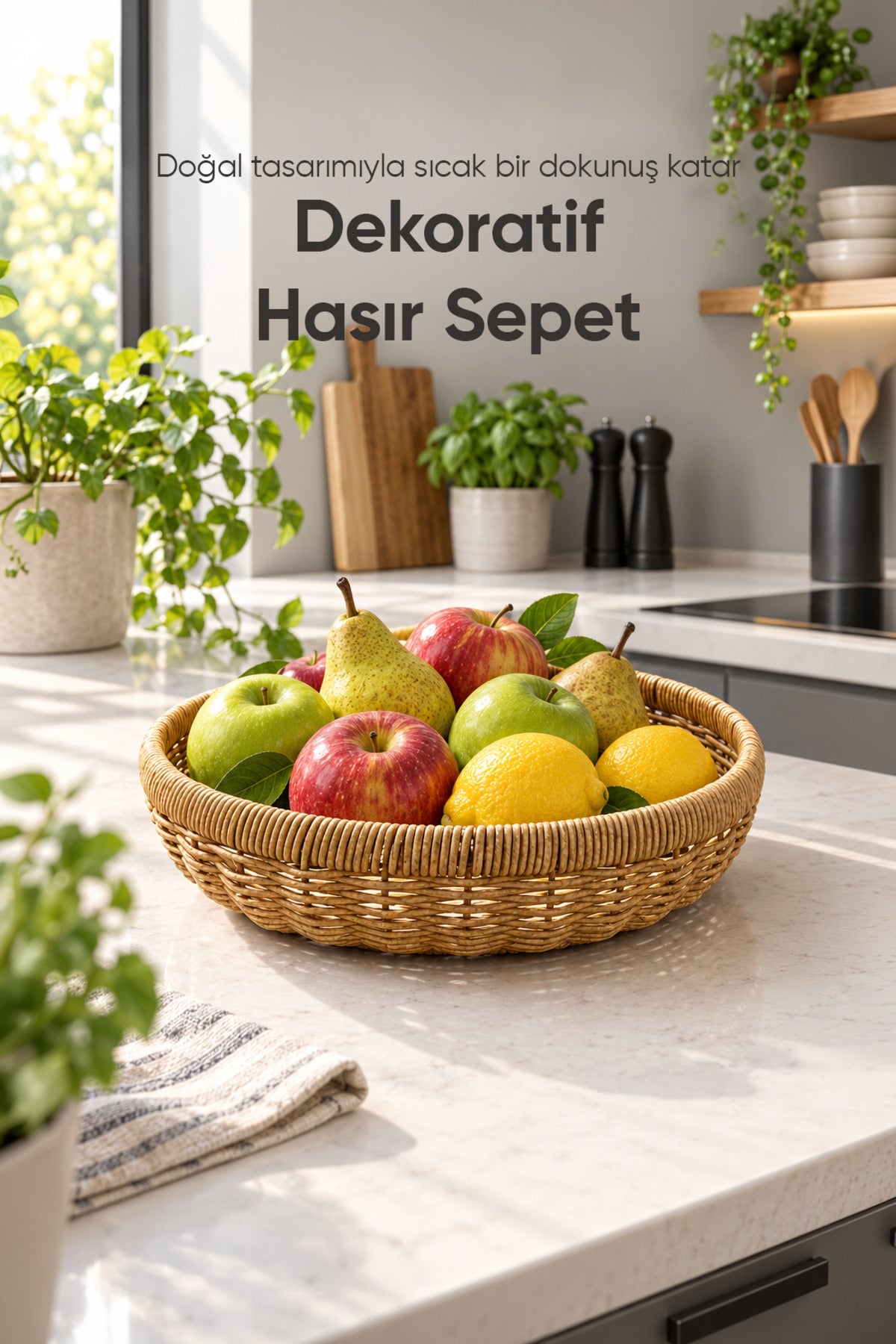 Yuvarlak Hasır Sepet Dekoratif Örgü Servis Sunum Ekmek Meyve Sepeti 31 cm Doğal Kahverengi Tasarım