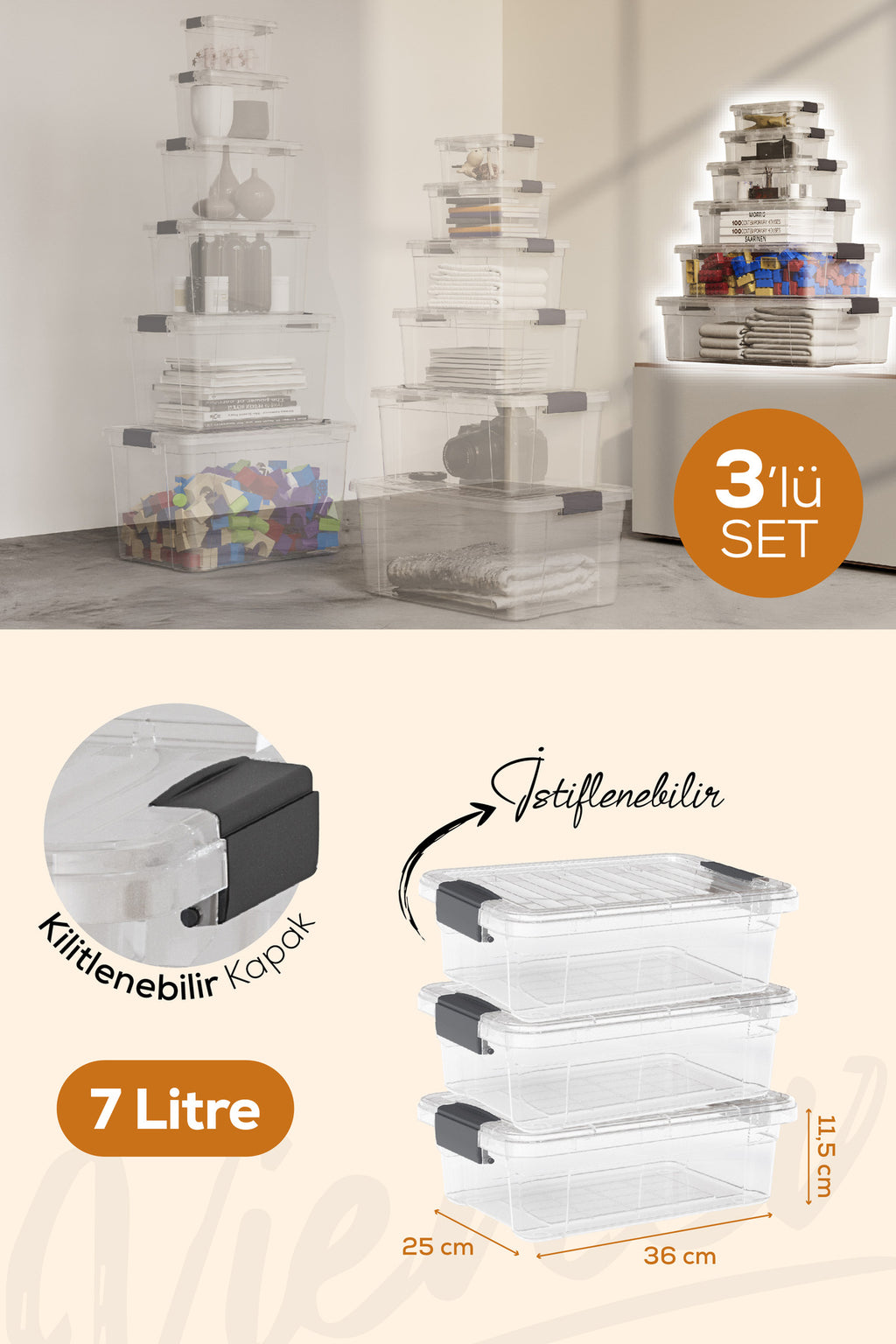 3'lü 7 Litre Kilitli Kapaklı Saklama ve Erzak Kutusu 33104