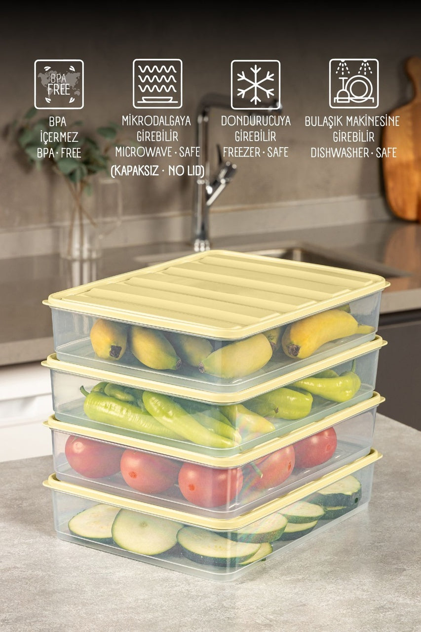 4'lü 3,5 Litre Buzdolabı Dondurucu Organizer Mikrodalga Ve Difrize Uygun Saklama Kabı Sarı