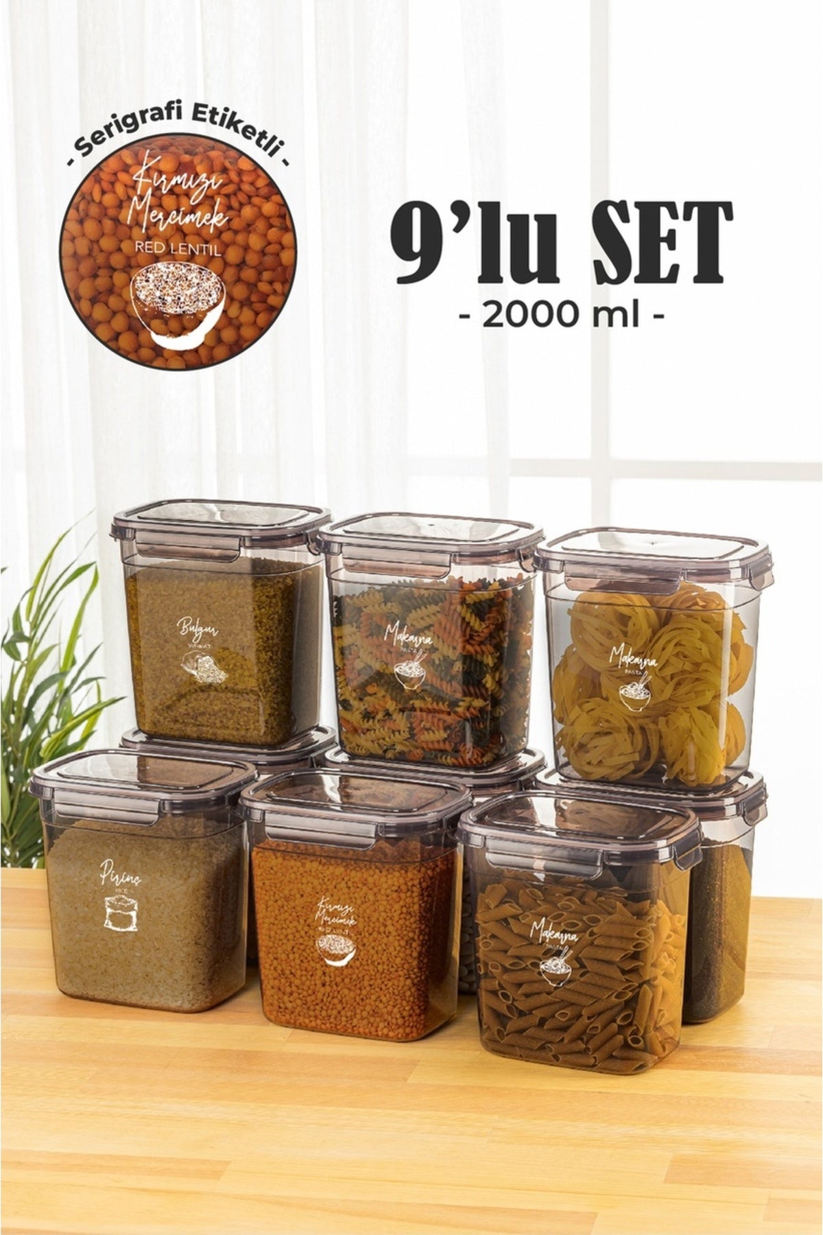 9lu 2 Litre Contalı Dikdörtgen Saklama Kabı Seti Serigrafi Etiketli