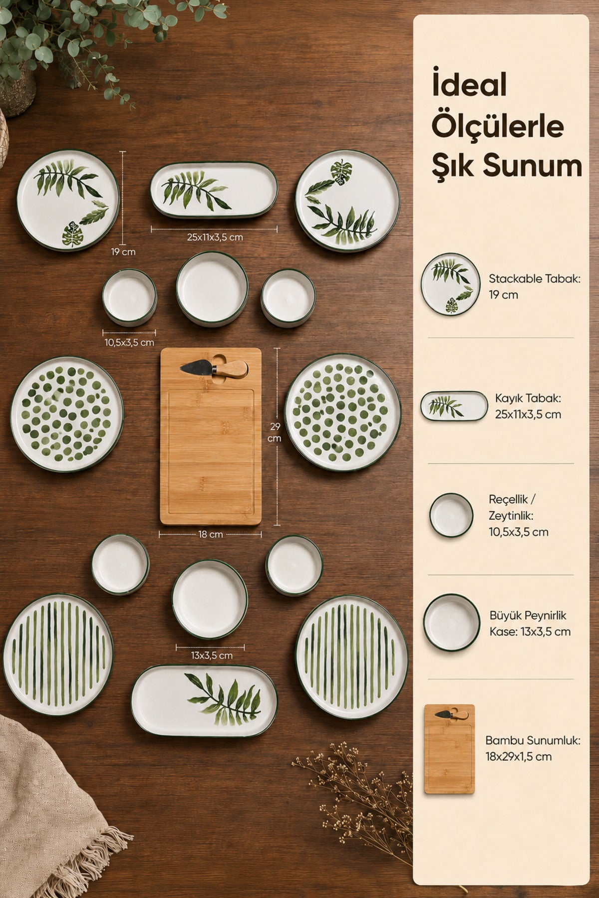 15 Parça Bambu Sunumluklu Botanik Kahvaltı Takımı Seti