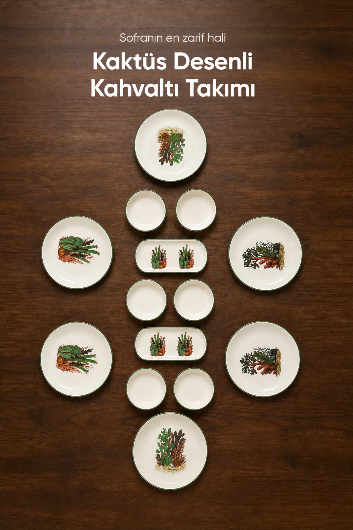 Kaktüs Desenli 14 Parça 6 Kişilik Seramik Kahvaltı Takımı Servis Sunum Tabaklı Dekoratif Sofra Seti