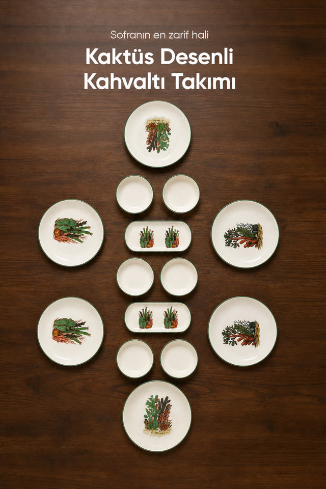 Kaktüs Desenli Seramik Kahvaltı Takımı · 14 Parça
