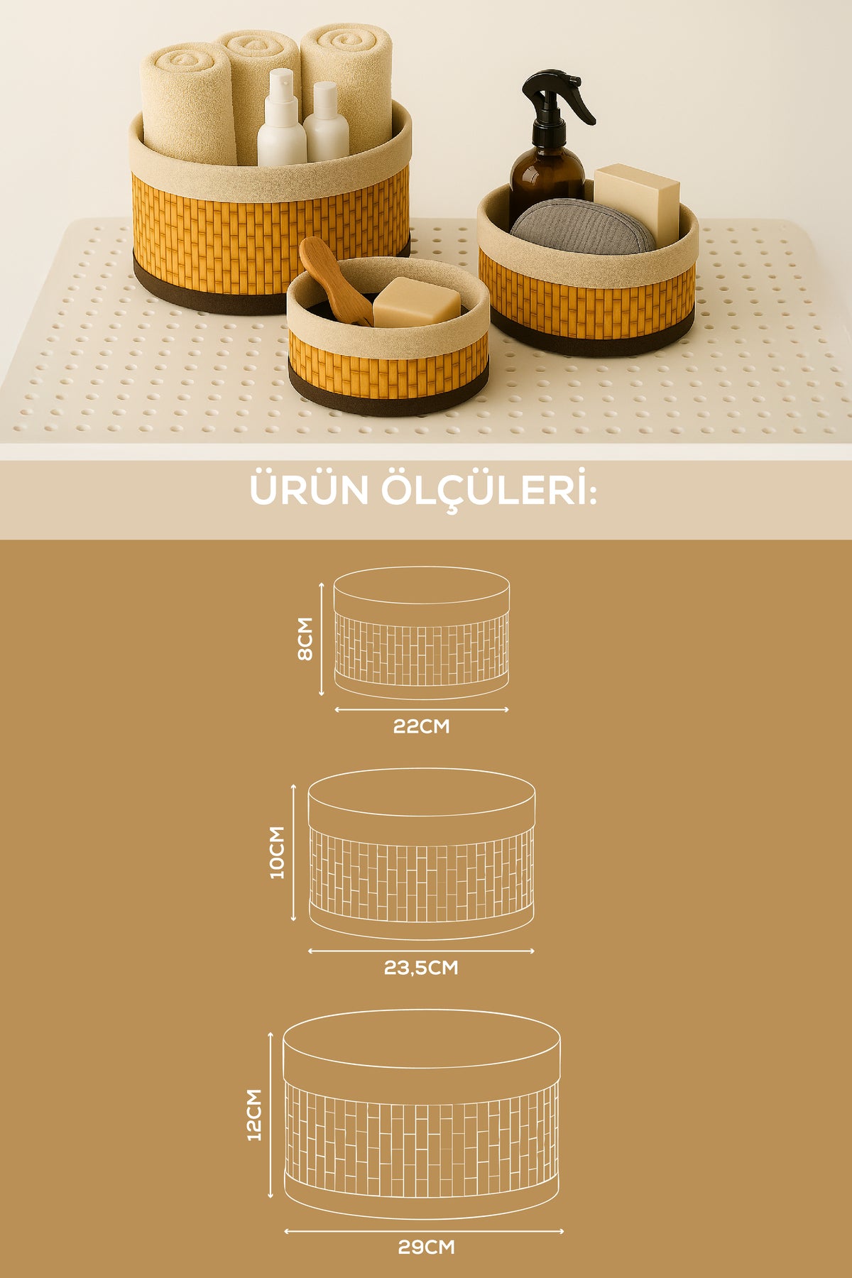 Bambu Hasır Yuvarlak 3'lü Organizer Sepet Seti - Çok Amaçlı Düzenleyici