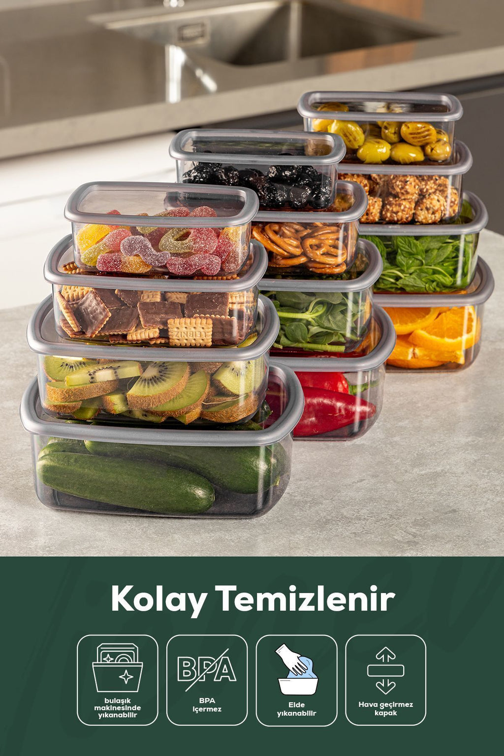 12'li Hava Geçirmez Saklama Kabı Seti Antrasit 3x(250-500-750-1200 ML)