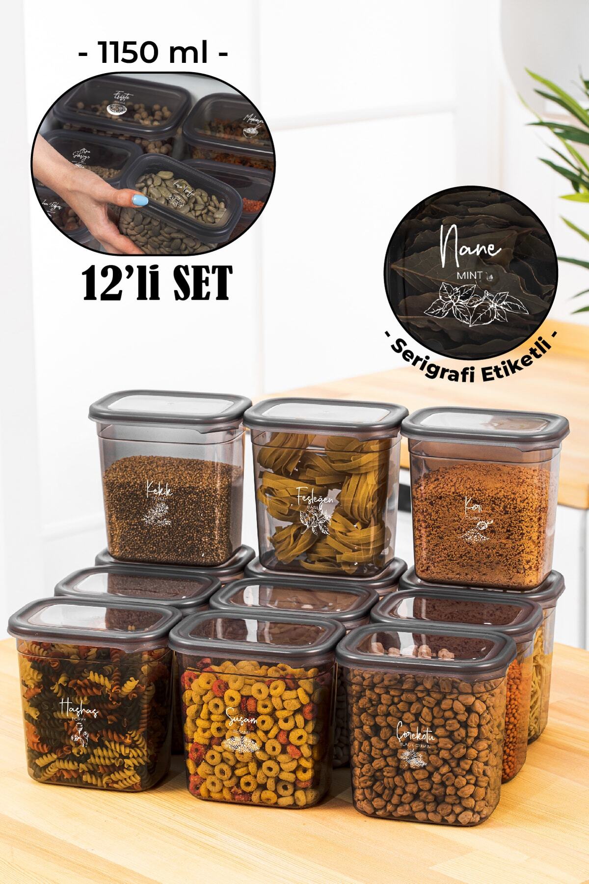 Beyaz Serigrafi Etiketli 12li Peggy Dikdörtgen Baharatlık Seti 1150 Ml Antrasit