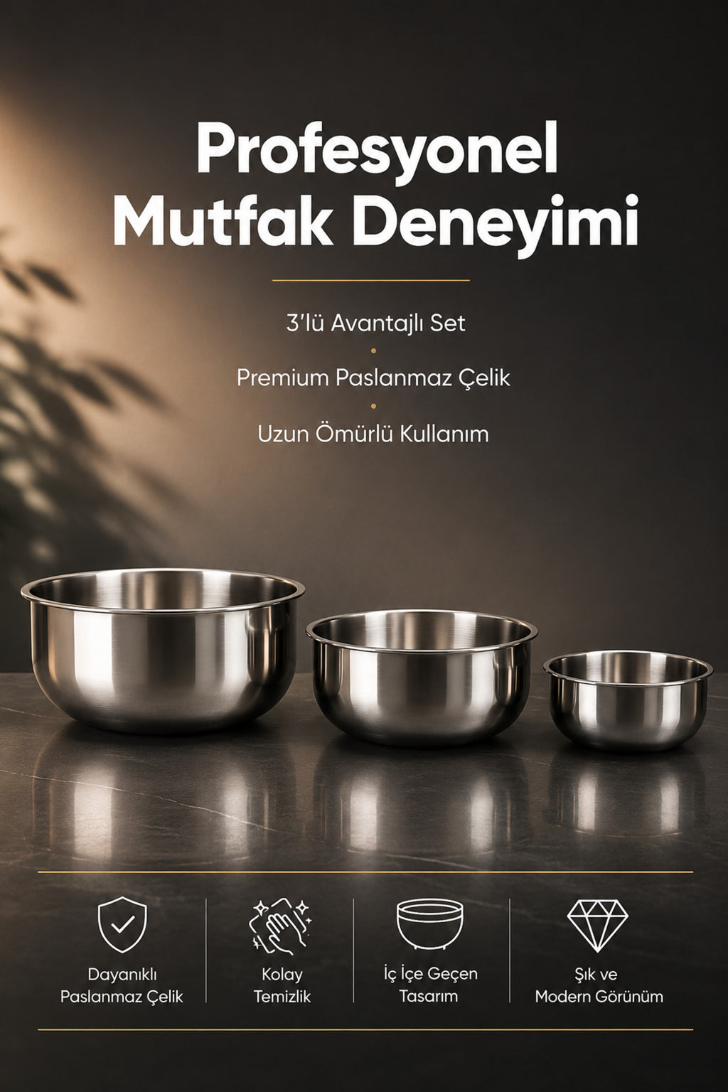 3'lü Paslanmaz Çelik Karıştırma Kabı Seti - 1200-2500-4000 ml Metal Kase Takımı