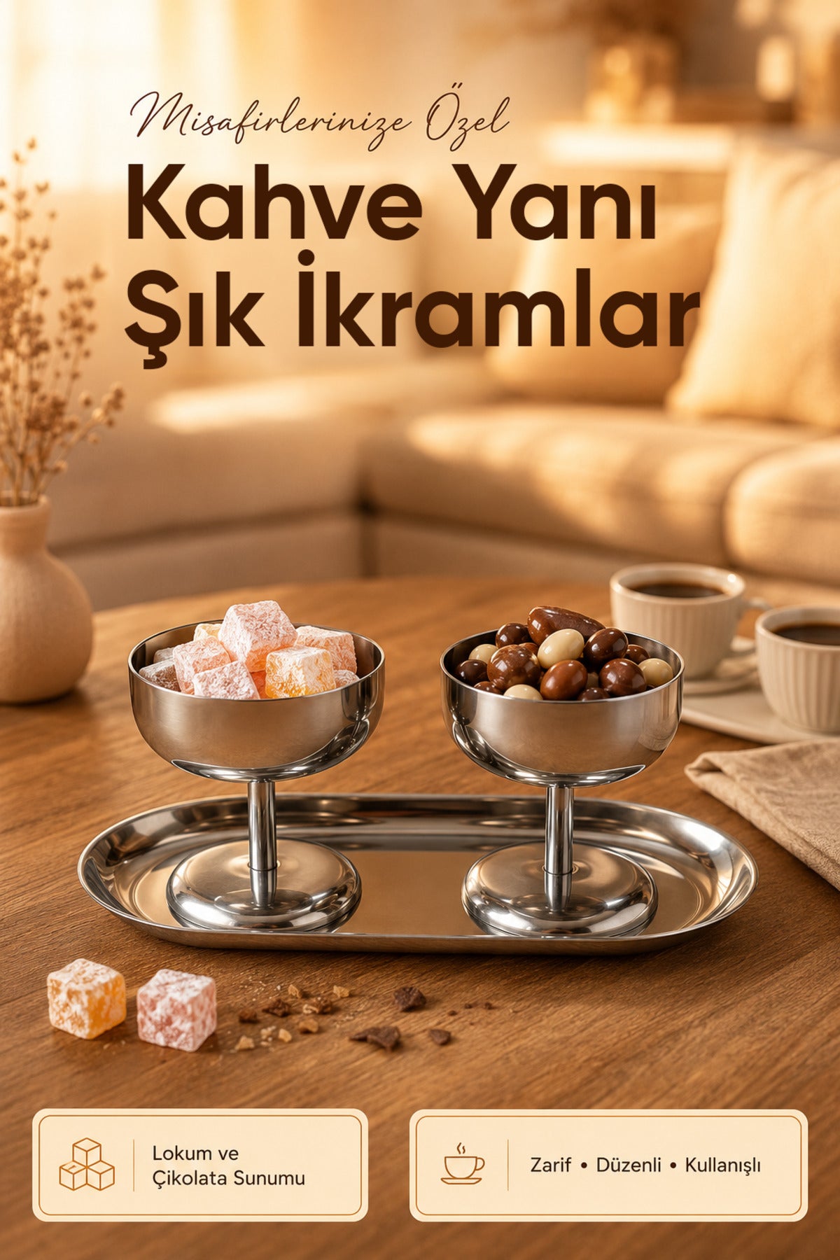 3'lü Set Gümüş Renk Metal Dondurmalık Seti (2x Geniş Kısa Kase 1x Kayık Tabak) - Şık Sunum ve Tatlı Kasesi