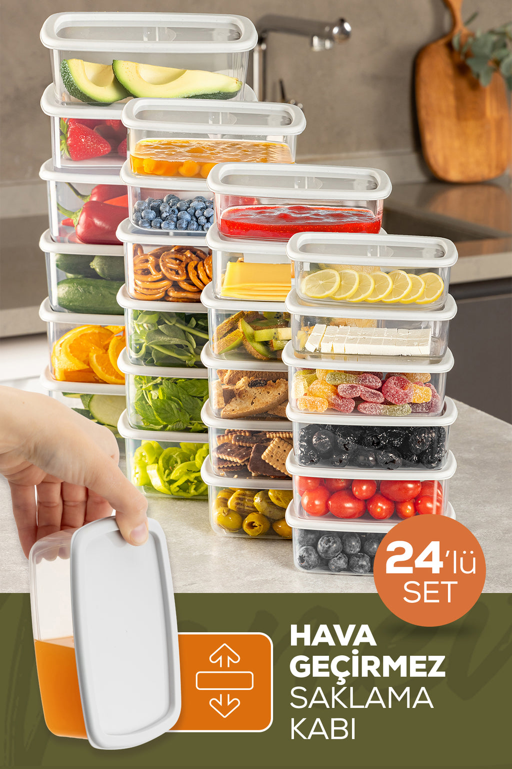 24'lü Hava Geçirmez Saklama Kabı Seti Gri 6x(250-500-750-1200 ML)