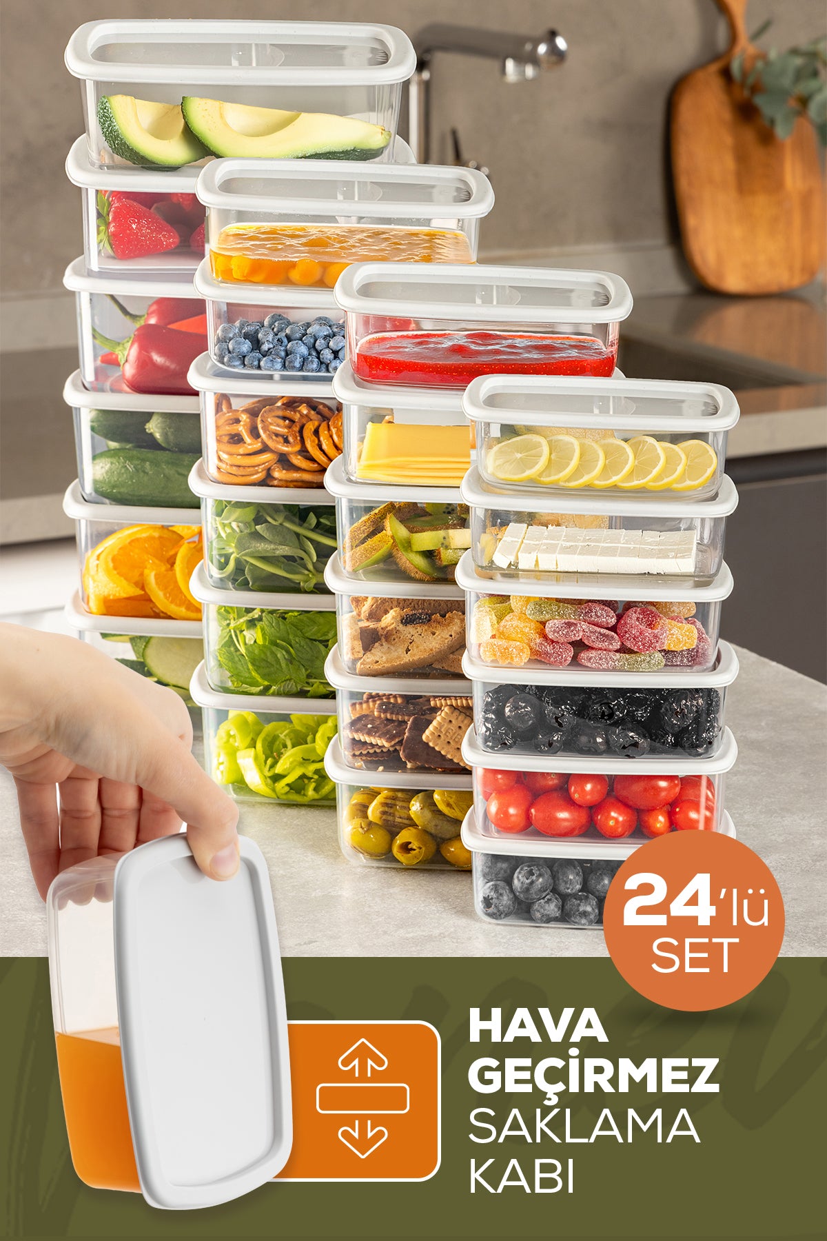 24'lü Hava Geçirmez Saklama Kabı Seti Gri 6x(250-500-750-1200 ML)
