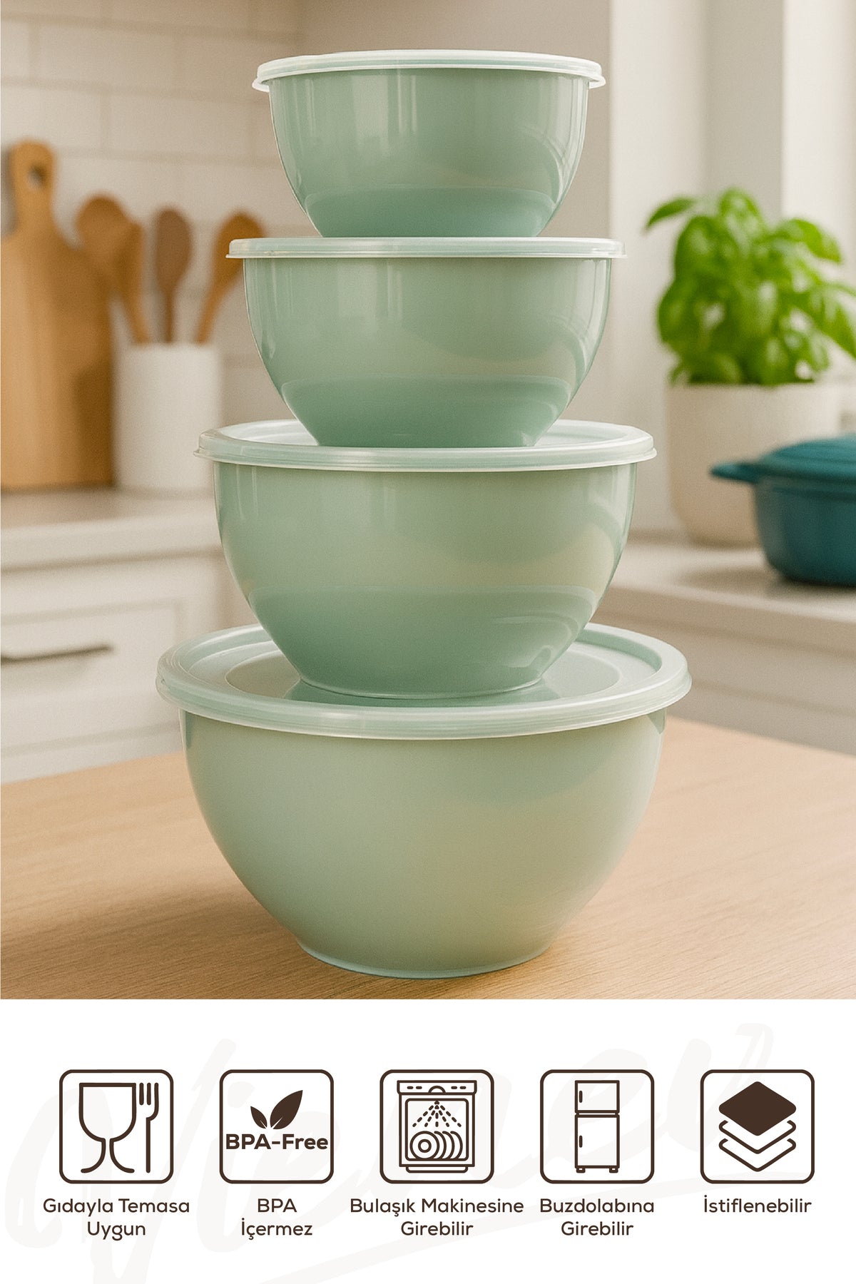 4’lü Yuvarlak Kase Seti Mint Yeşili | 1l, 1.5l, 2.3l, 3.3l | Kapaklı Çok Amaçlı Mutfak Saklama Kabı