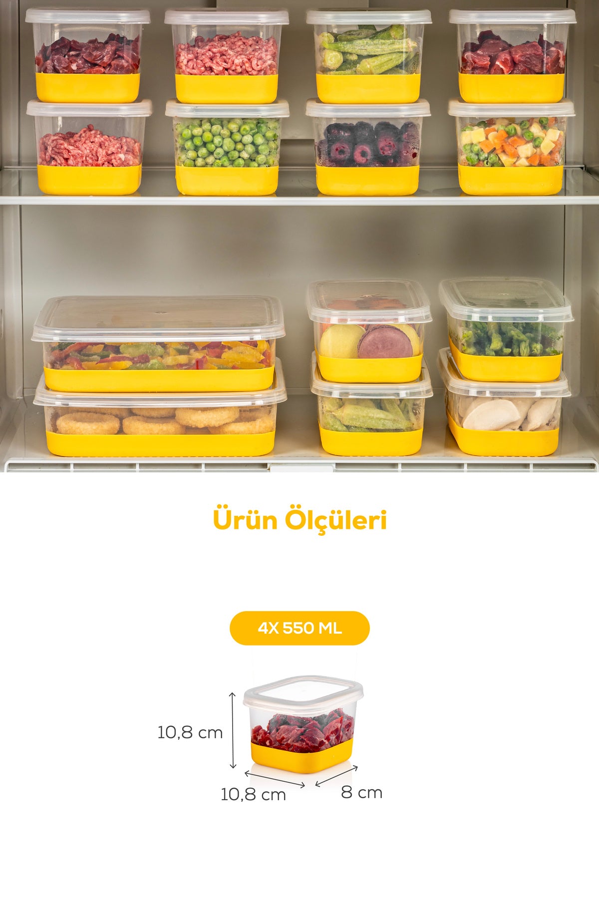 4 Parça 550 ml Yumuşak Tabanlı Derin Dondurucu - Difriz Saklama Kabı Sarı