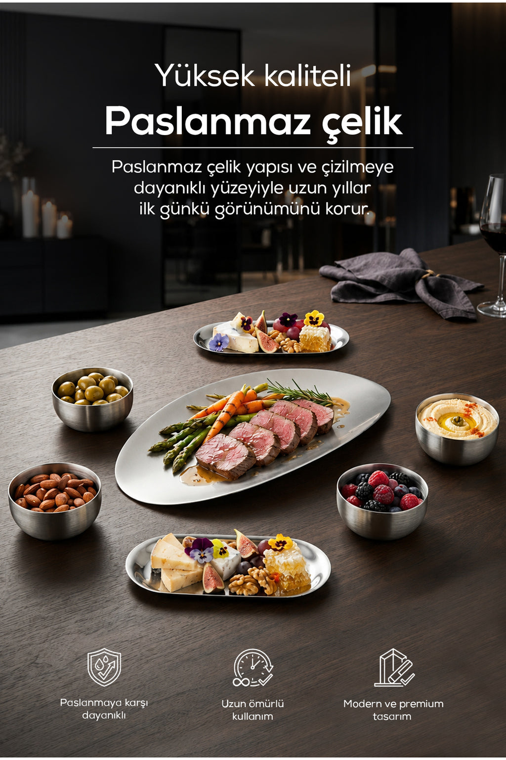7 Parça Paslanmaz Çelik Sunum , Servis Seti- Paslanmaz Metal Dekoratif Sunum Seti,Çerezlik