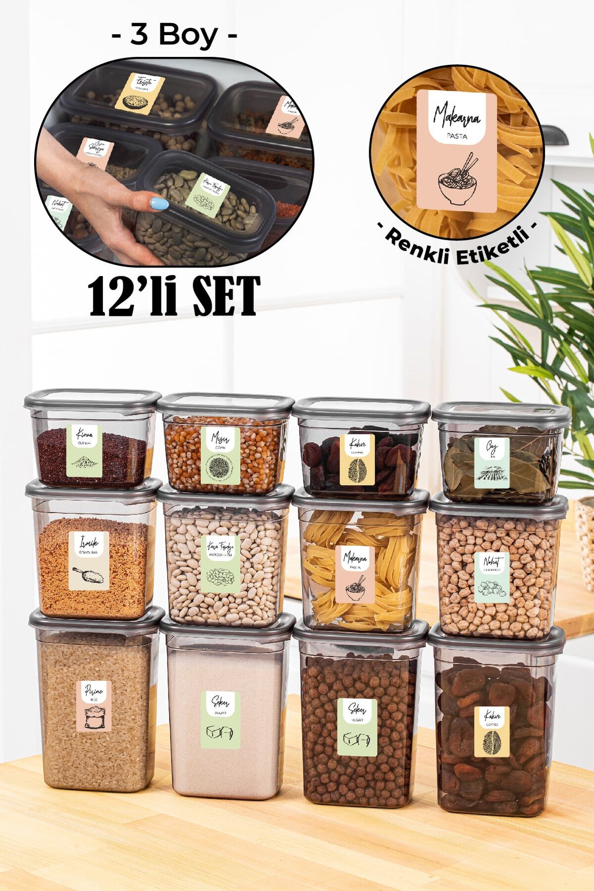 Renkli Etiketli 12li Peggy Dikdörtgen Saklama Kabı Seti 4x(1500-1150-800 Ml) Antrasit