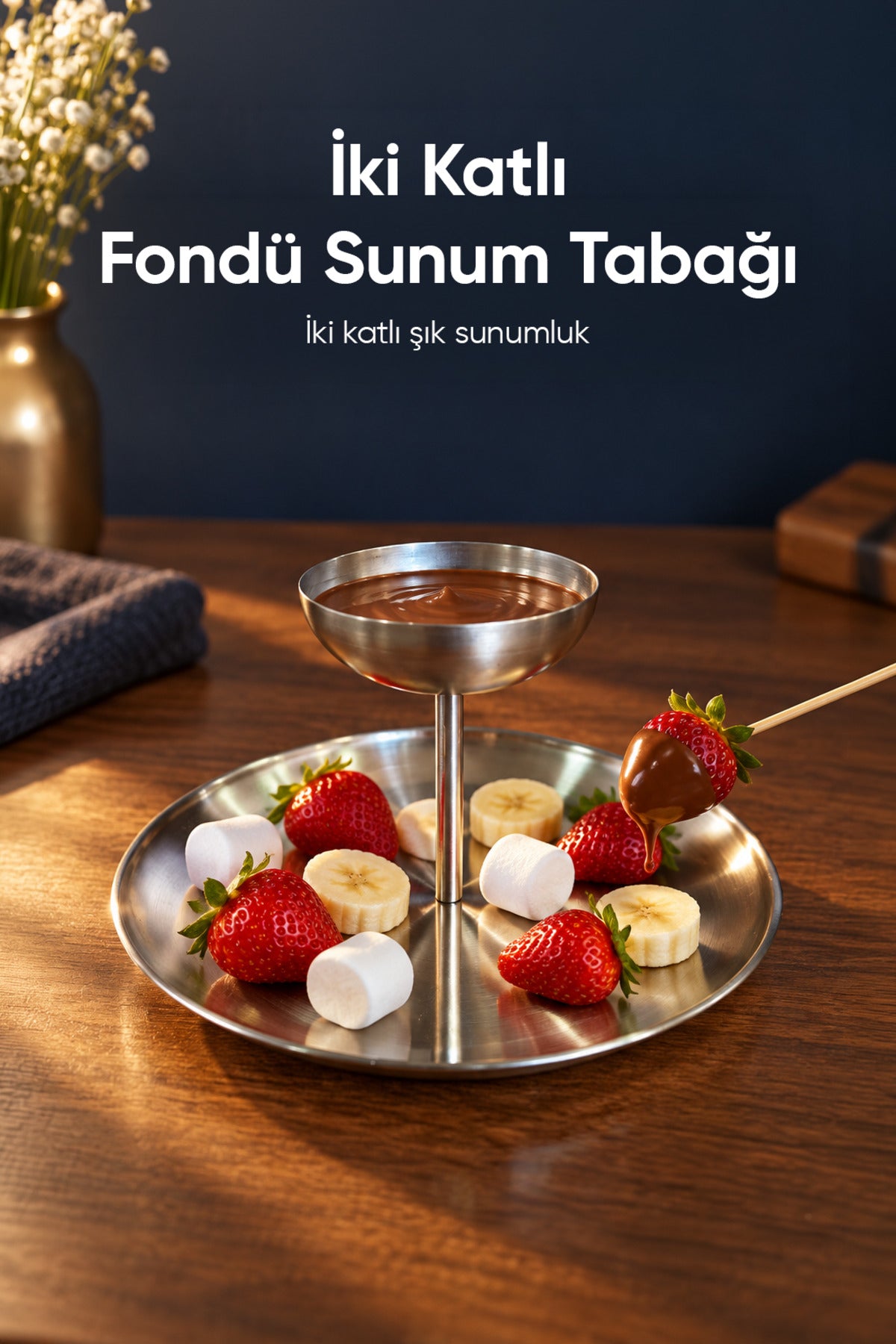 2 Katlı Paslanmaz Çelik Fondü Sunum Tabağı | Çikolata Peynir Sosluk Servis Standı Masaüstü Seti