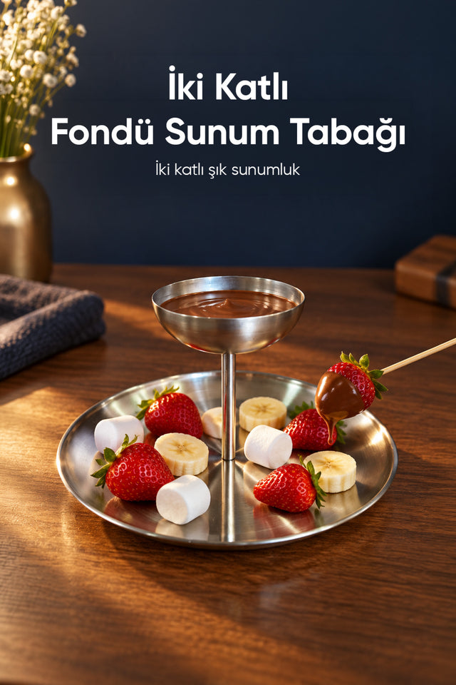 2 Katlı Paslanmaz Çelik Fondü Sunum Tabağı | Çikolata Peynir Sosluk Servis Standı Masaüstü Seti