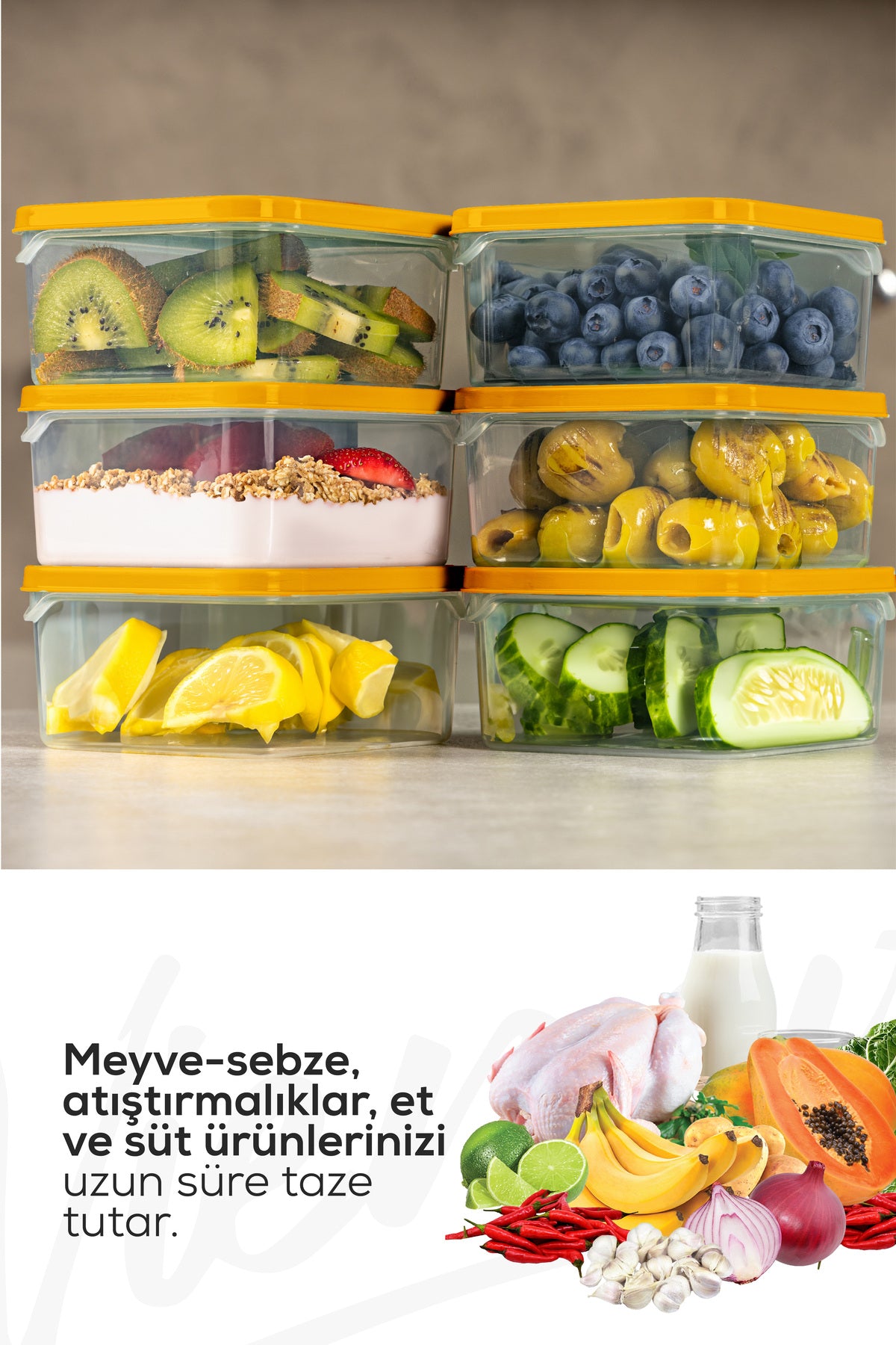 6'lı 350 ml Buzdolabı Dondurucu Organizer Mikrodalga Ve Difrize Uygun Saklama Kabı Turuncu