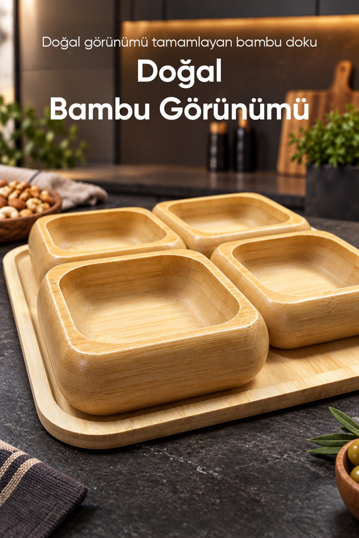 Alt Tablalı 4'lü Kare Bambu Çerezlik Seti 9 cm Kaseli 22 cm Tepsili Sunum ve İkram Servis Takımı