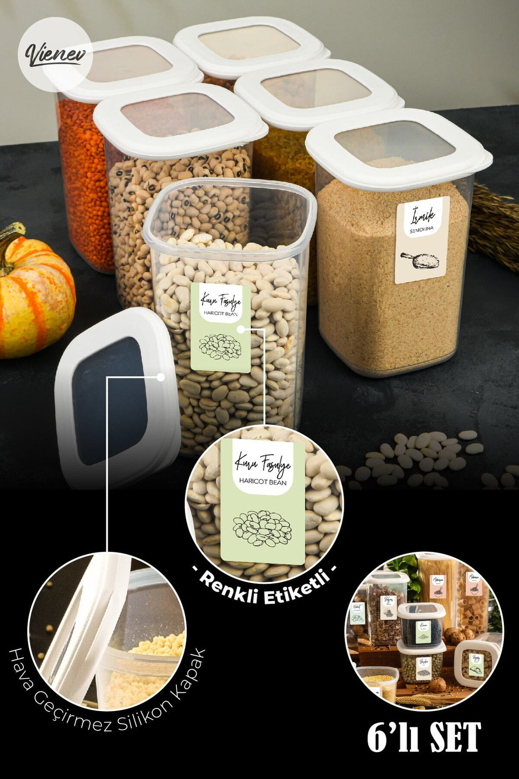 Renkli Etiketli Kare Erzak Saklama Kabı 6lı Set 1,2 Litre Beyaz