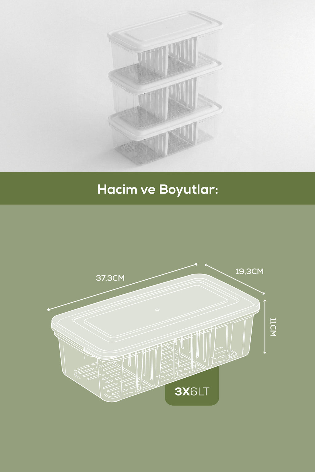 3'lü Ayarlanabilir 3 Bölmeli Saklama Kabı 6 Lt | Buzdolabı Çekmece Düzenleyici Organizer Kutu