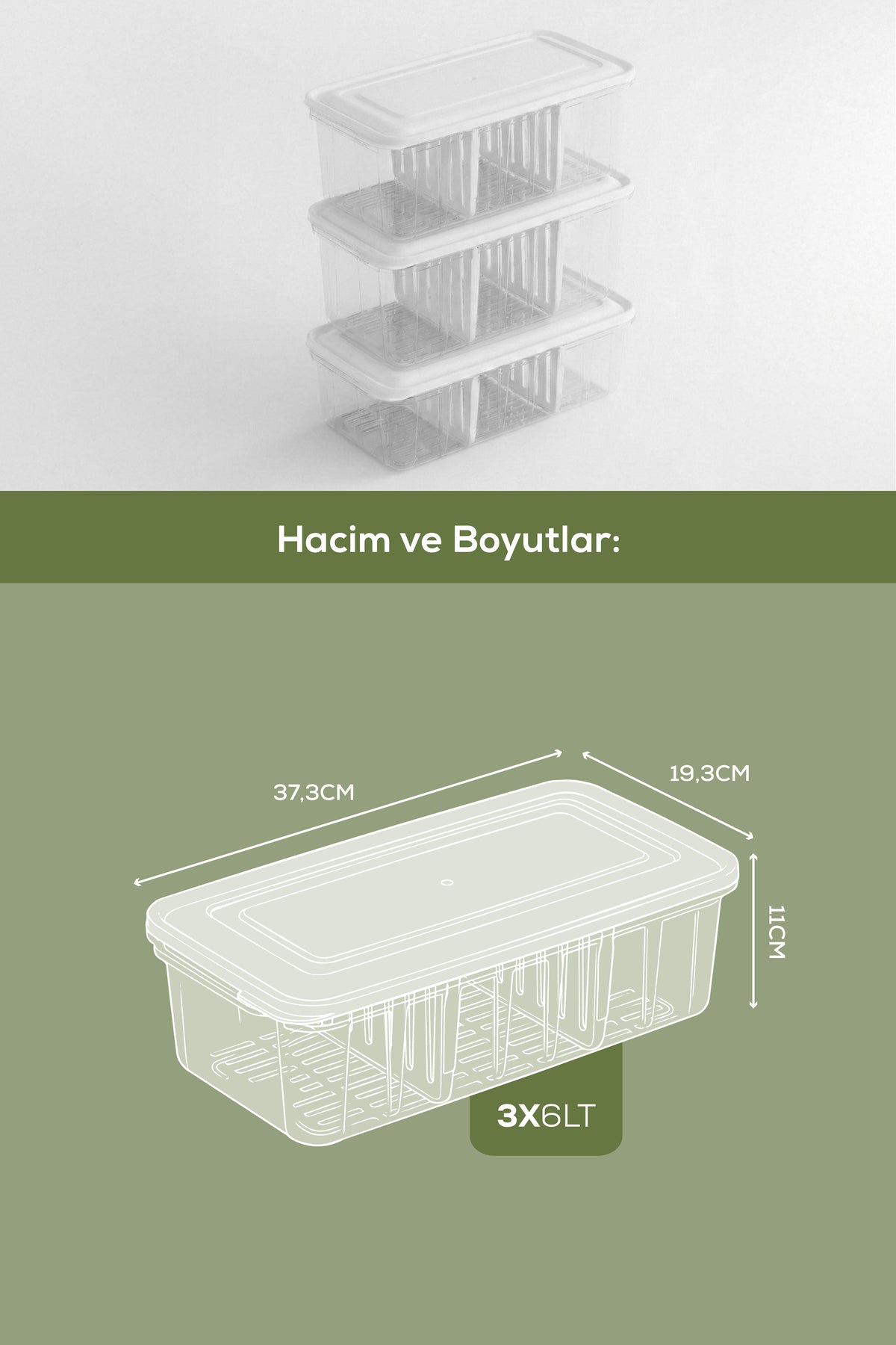3'lü Ayarlanabilir 3 Bölmeli Saklama Kabı 6 Lt | Buzdolabı Çekmece Düzenleyici Organizer Kutu