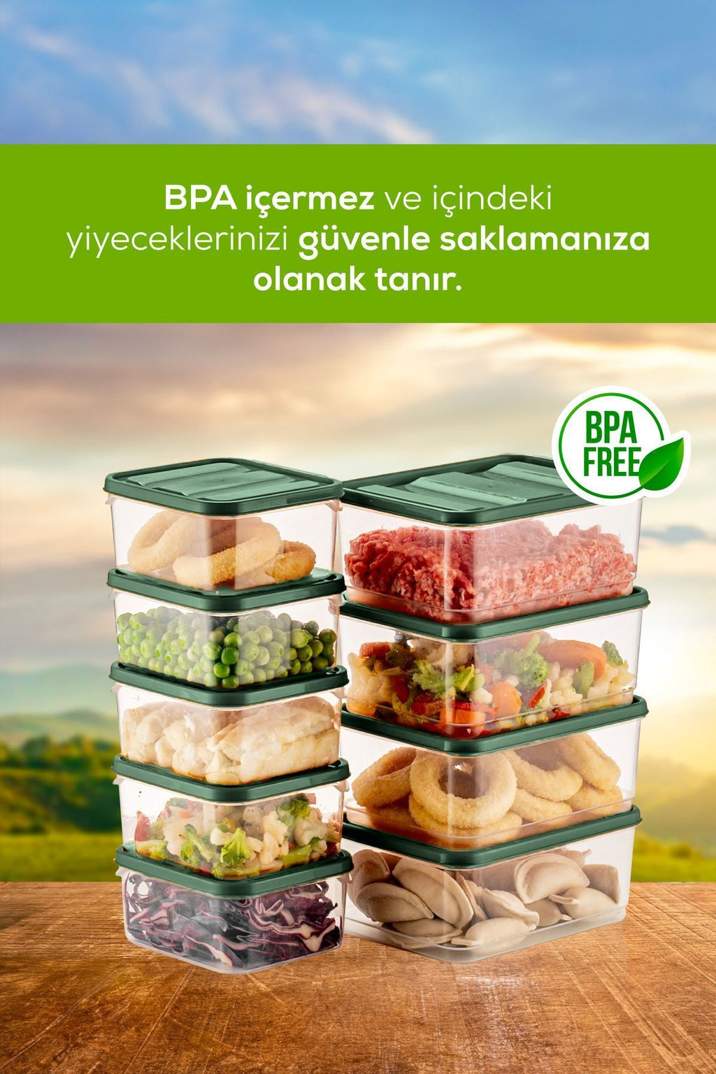 10'lu Buzdolabı Düzenleyici Organizer Mikrodalgaya Uygun Difriz Saklama Kabı Yeşil
