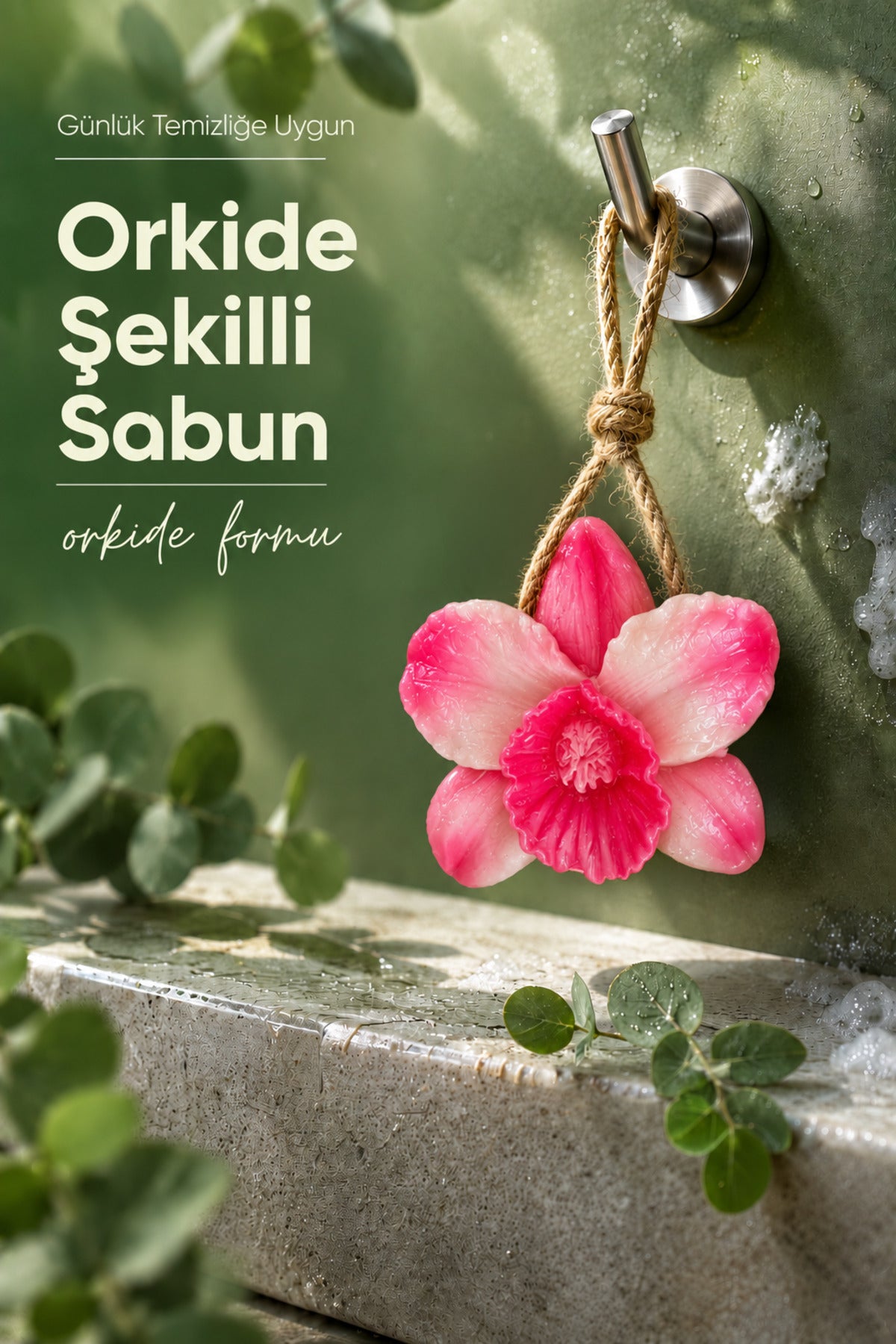 Pembe Orkide Şekilli Katı Sabun 10,5x10 cm Asılabilir Dekoratif Banyo El Sabunu
