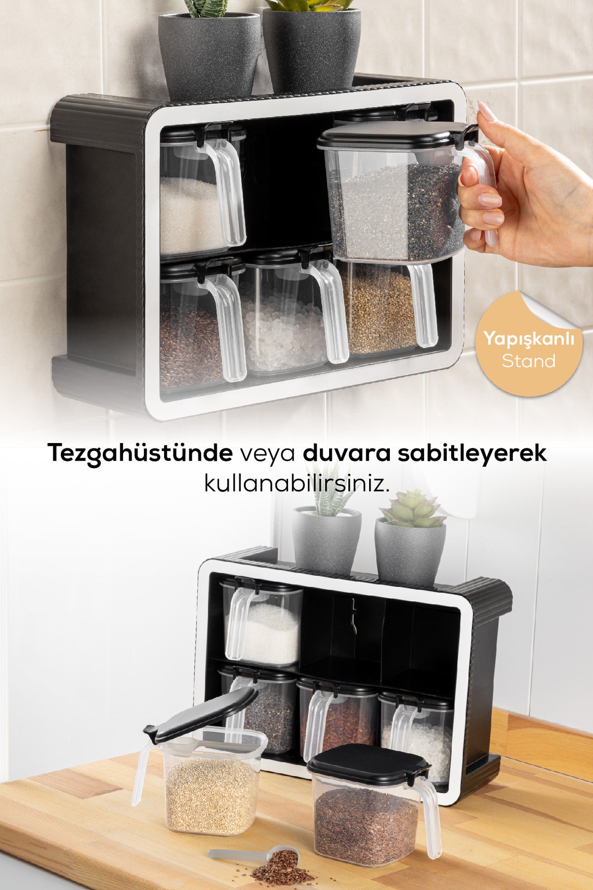 Beyaz Serigrafi Etiketli 6'lı 500 ml Standlı Kendinden Yapışkanlı Kaşıklı Baharatlık Seti Siyah