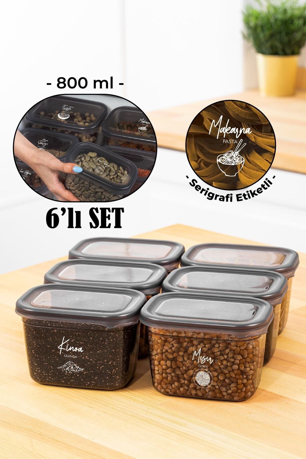 Beyaz Serigrafi Etiketli 6lı Peggy Dikdörtgen Saklama Kabı Seti 800 Ml Antrasit