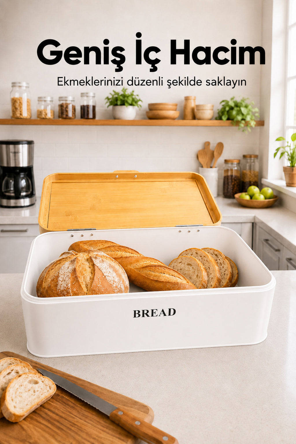 Dikdörtgen Ahşap Kapaklı Metal Ekmek Kutusu Ve 3lü Yuvarlak Çay Kahve Şeker Saklama Kabı Seti Beyaz