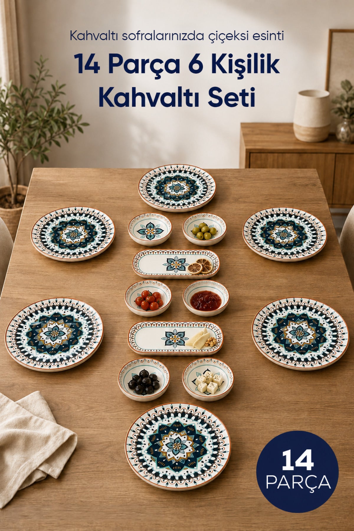 Safir Desenli 14 Parça 6 Kişilik Seramik Kahvaltı Takımı Servis Sunum Tabaklı Dekoratif Sofra Seti