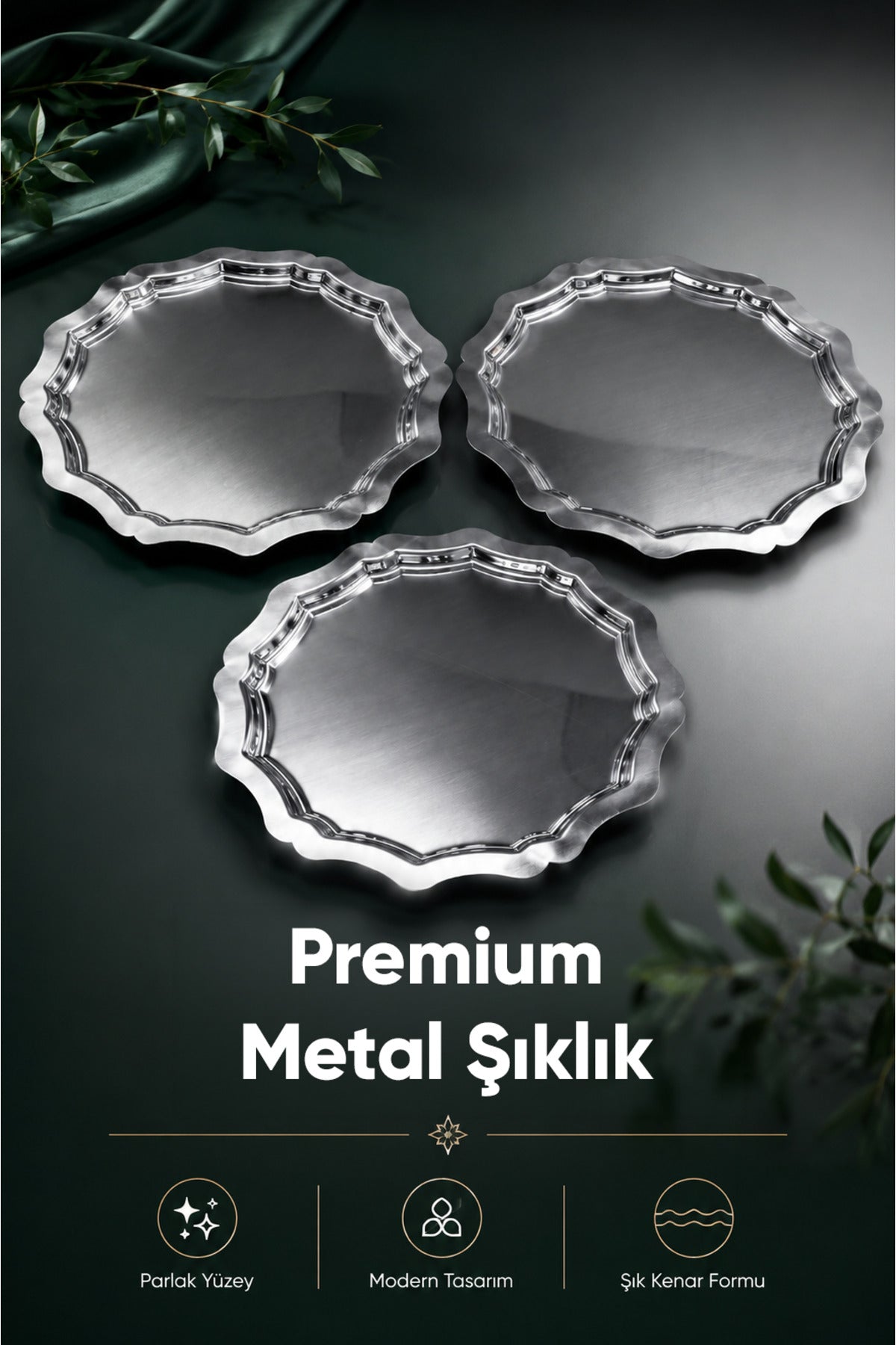 3'lü Metal Sunum Tabağı Seti 24 cm - çiçek dekor sunum tepsi