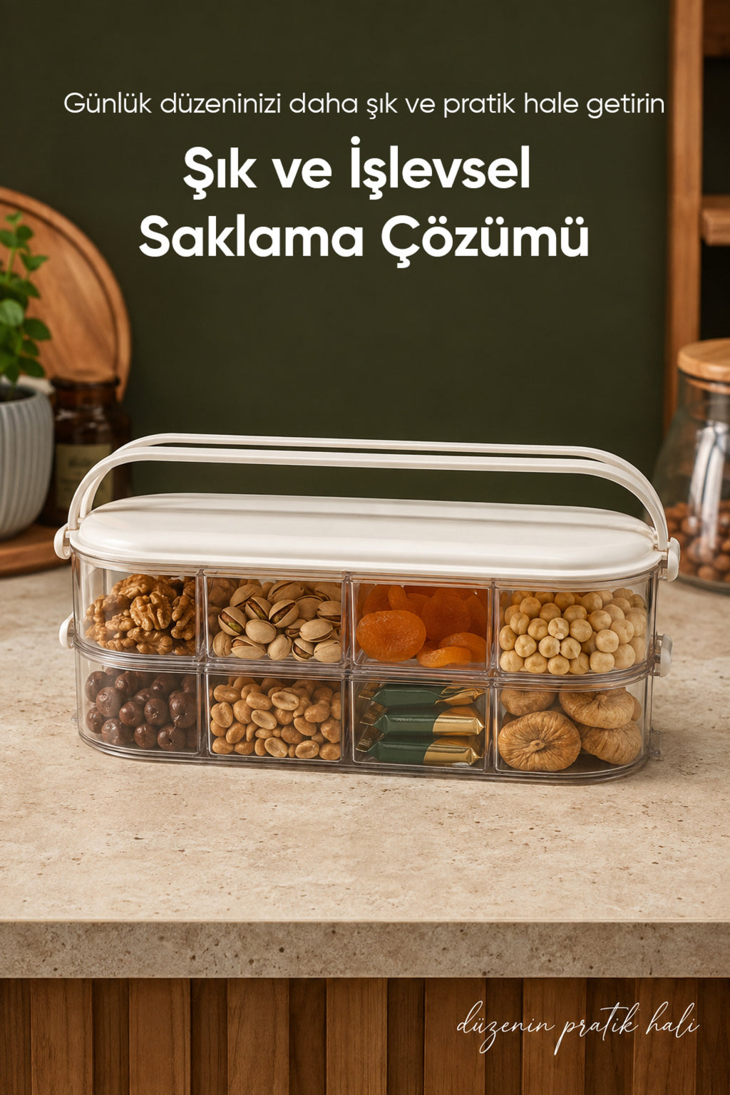 Kapaklı Kulplu 2 Katlı Şeffaf Saklama Kabı Çok Bölmeli Taşınabilir Organizer Kutusu