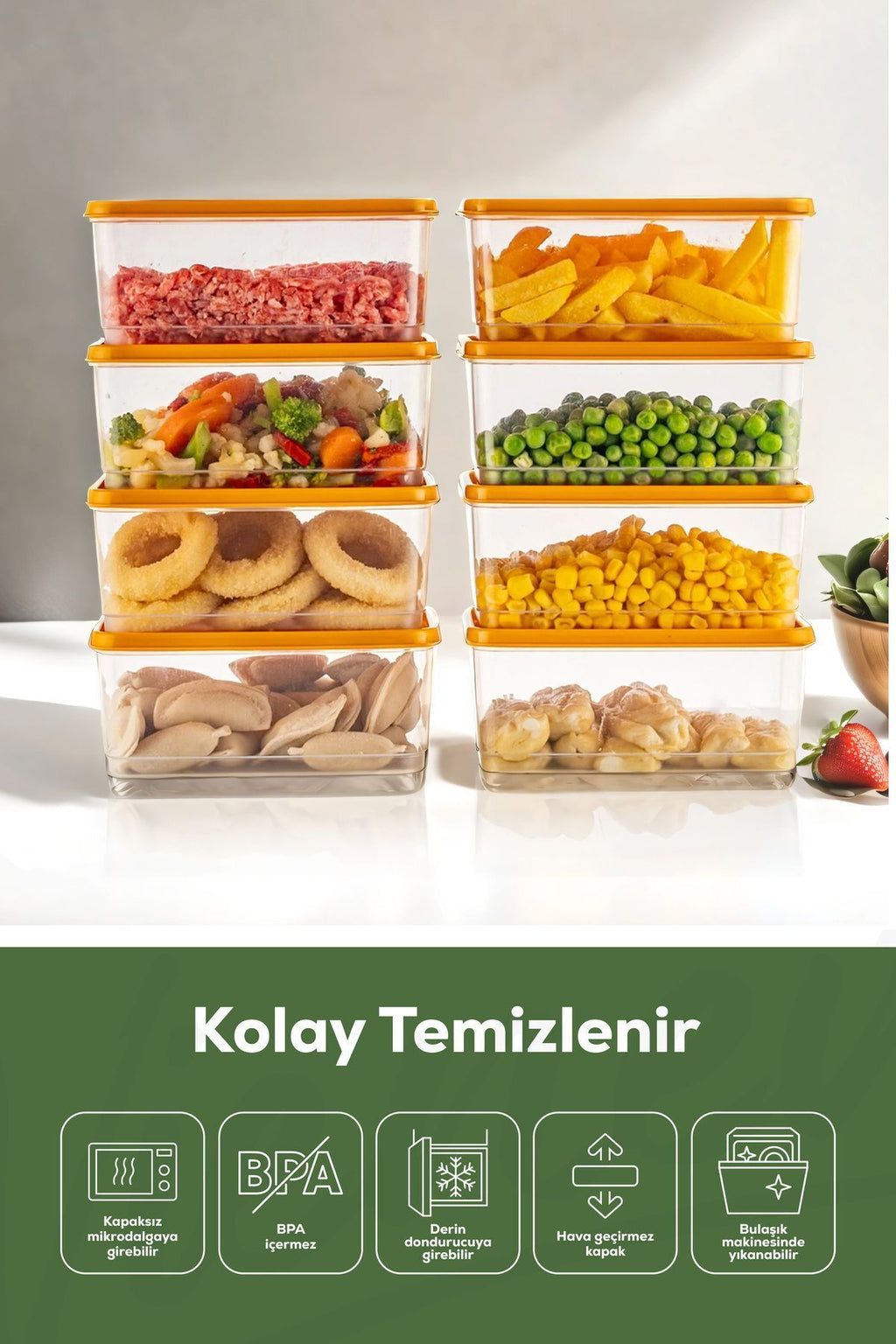 8'li Buzdolabı Düzenleyici Organizer Mikrodalgaya Uygun Difriz Saklama Kabı Turuncu