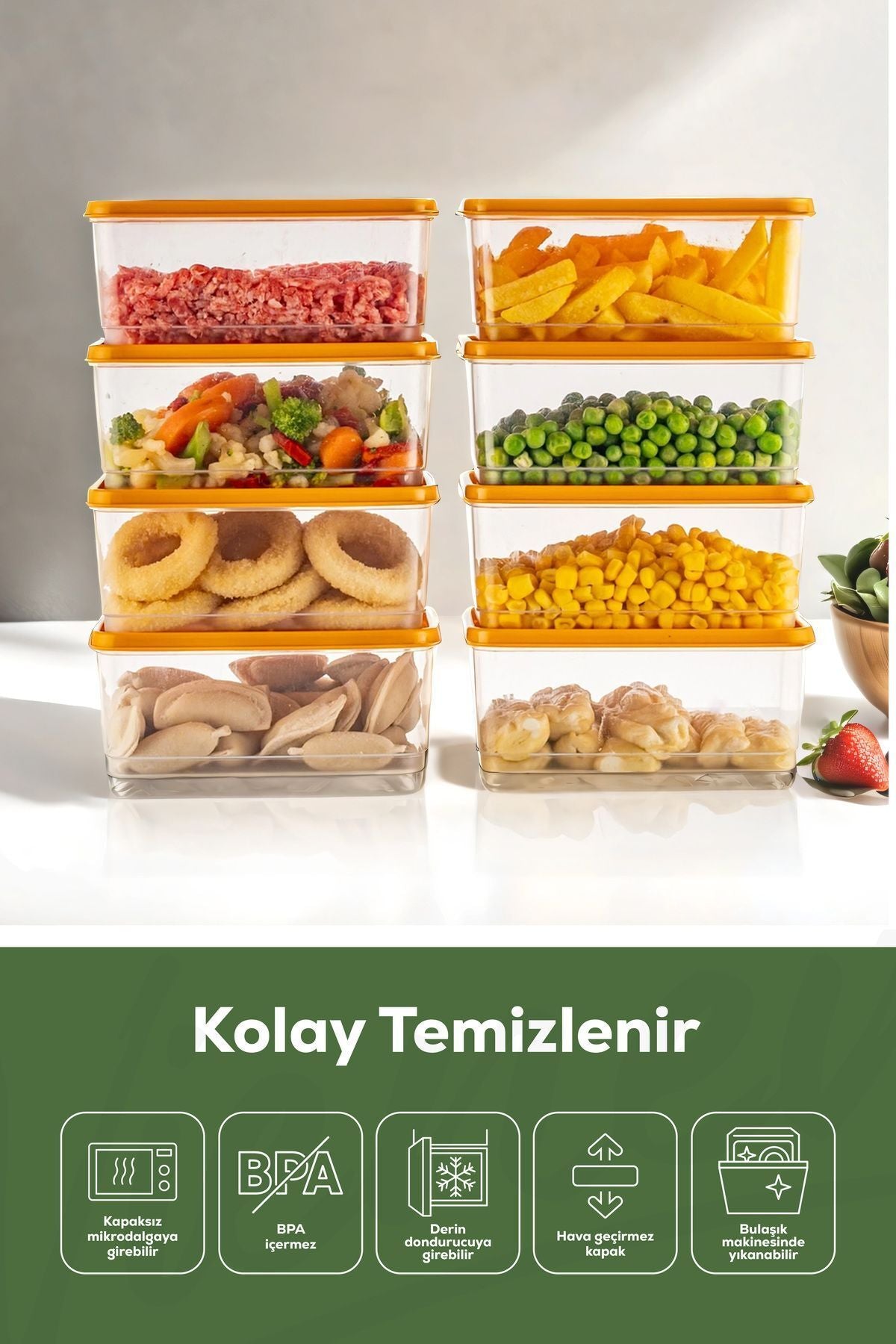 8'li Buzdolabı Düzenleyici Organizer Mikrodalgaya Uygun Difriz Saklama Kabı Turuncu
