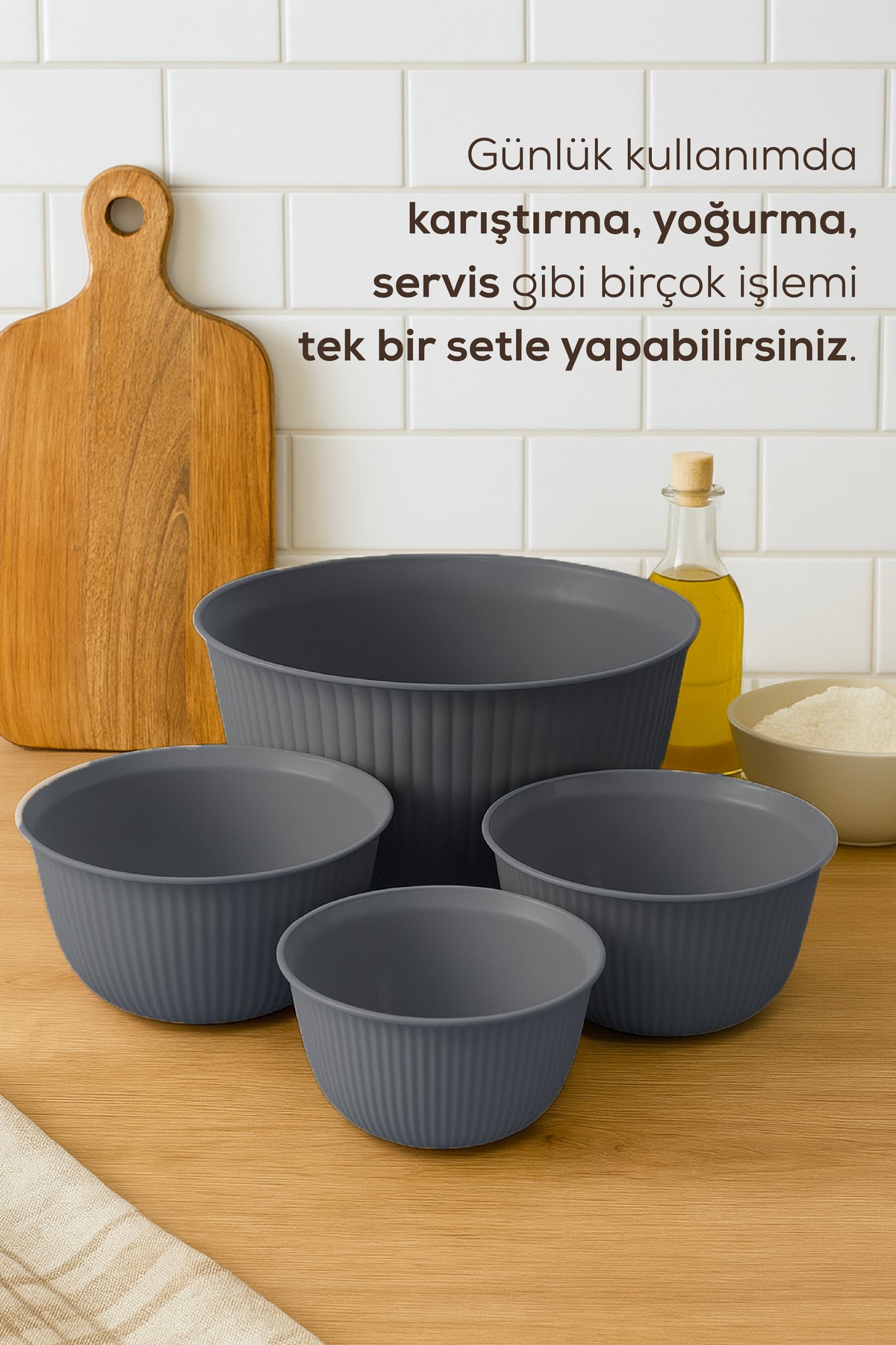 4'lü Mega Boy Plastik Karıştırma ve Saklama Kase Seti | 1L, 2L, 3L, 5L Antrasit