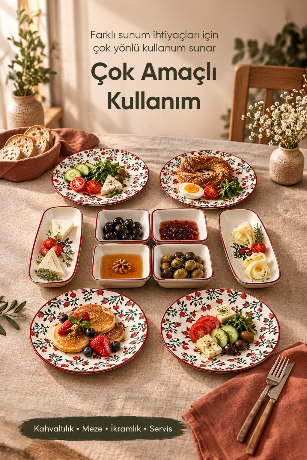 10 Parça Nar Model Seramik Kahvaltı Takımı - Sofra Servis Seti 4x(Yuvarlak Tabak - Kare Kase) 2x(Oval Peynirlik)
