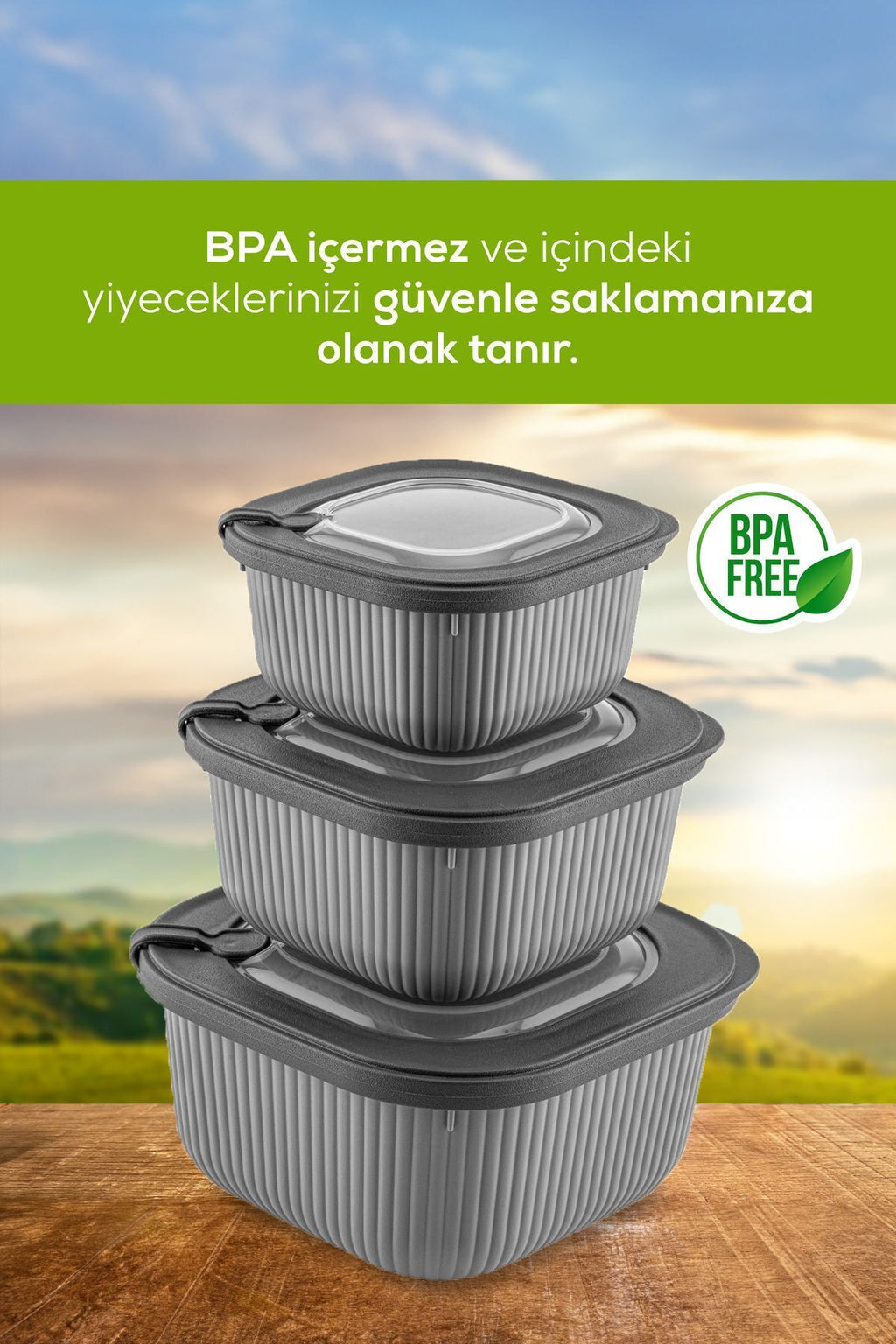 3'lü Mikrodalga Ve Difrize Uygun Vip Kapaklı Özel Saklama Kabı Seti Antrasit