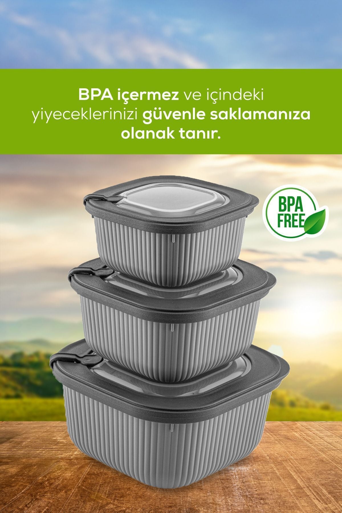 3'lü Mikrodalga Ve Difrize Uygun Vip Kapaklı Özel Saklama Kabı Seti Antrasit