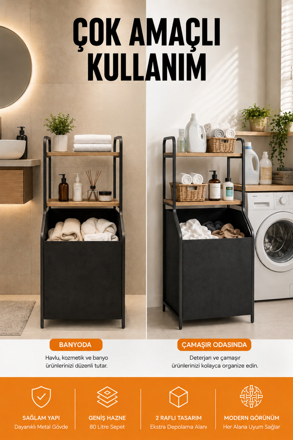Metal Gövdeli Ahşap Raflı Banyo Düzenleyici - 80 L Geniş Kumaş Kirli Sepeti