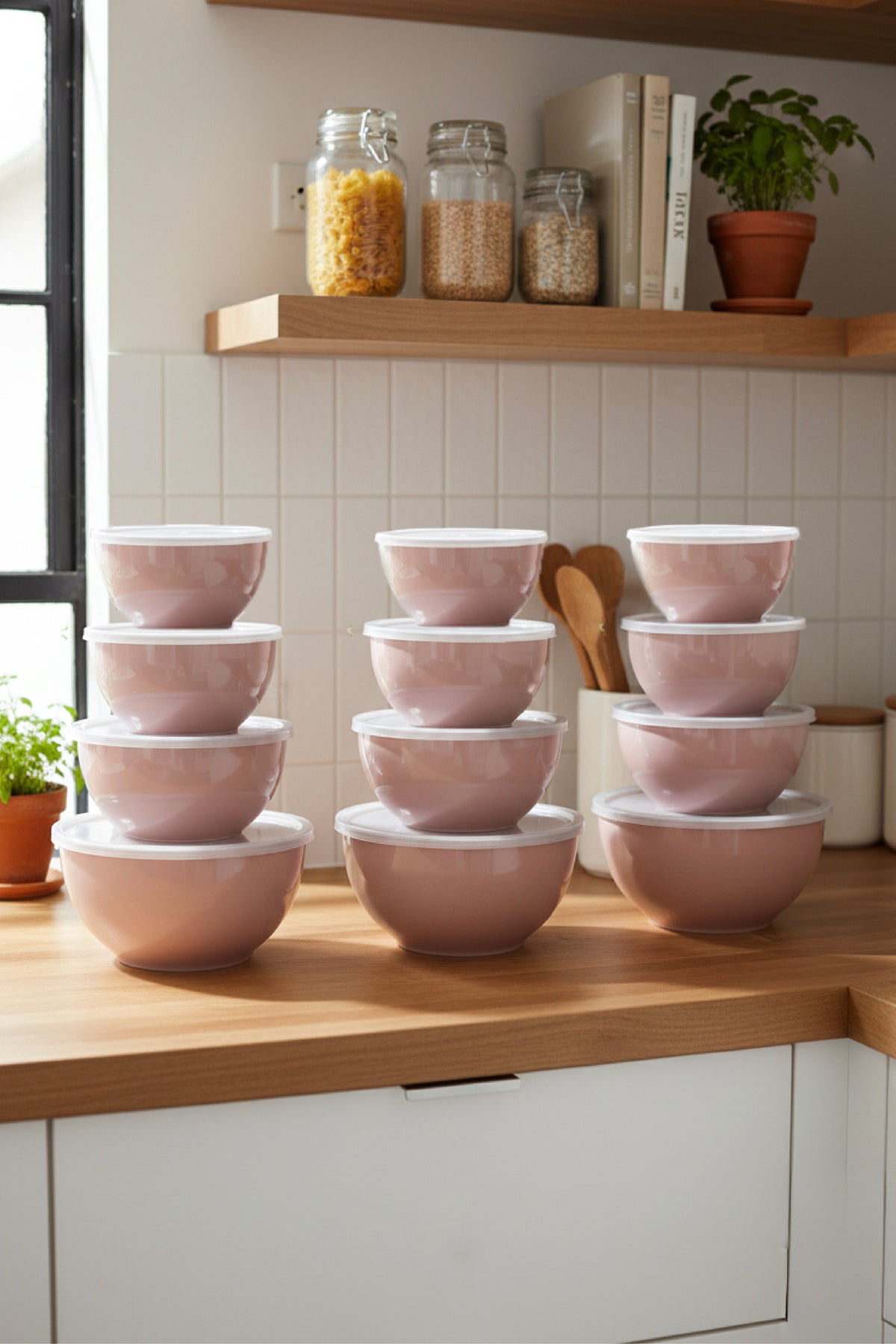 12'li Yuvarlak Kase Seti Pembe | 1l, 1.5l, 2.3l, 3.3l | Kapaklı Çok Amaçlı Mutfak Saklama Kabı