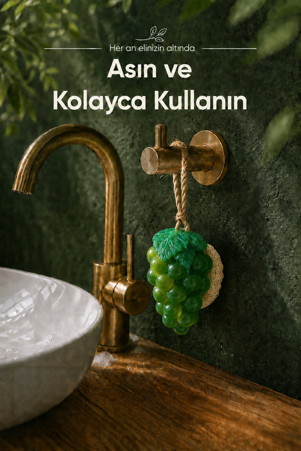 Yeşil Üzüm Şekilli Lifli Katı Sabun 10,5x7x5,2 cm Peeling Etkili Asılabilir Dekoratif Banyo El Sabunu