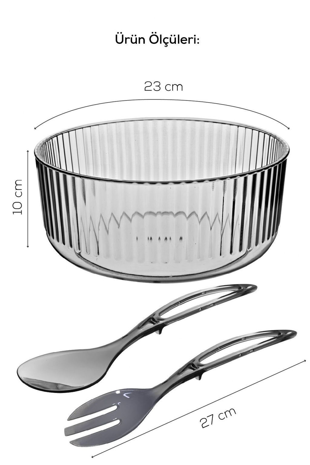 Akrilik Yuvarlak Kaşıklı Salata Kasesi 23 Cm Servis Sunum Tabağı Antrasit