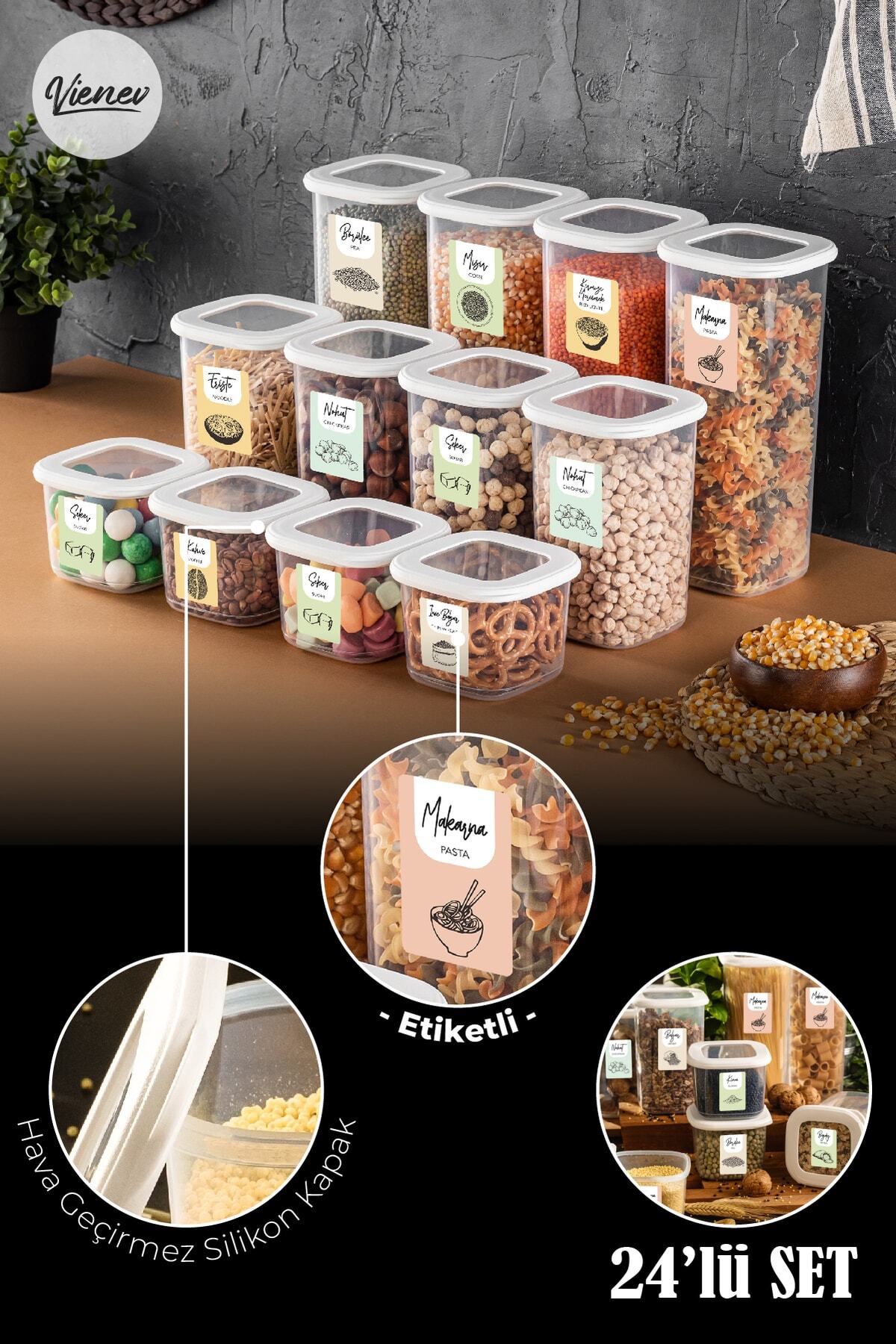 Renkli Etiketli Kare Erzak Saklama Kabı 24lü Set 8x(0,55 Litre, 1,2 Litre, 1,75 Litre) Beyaz