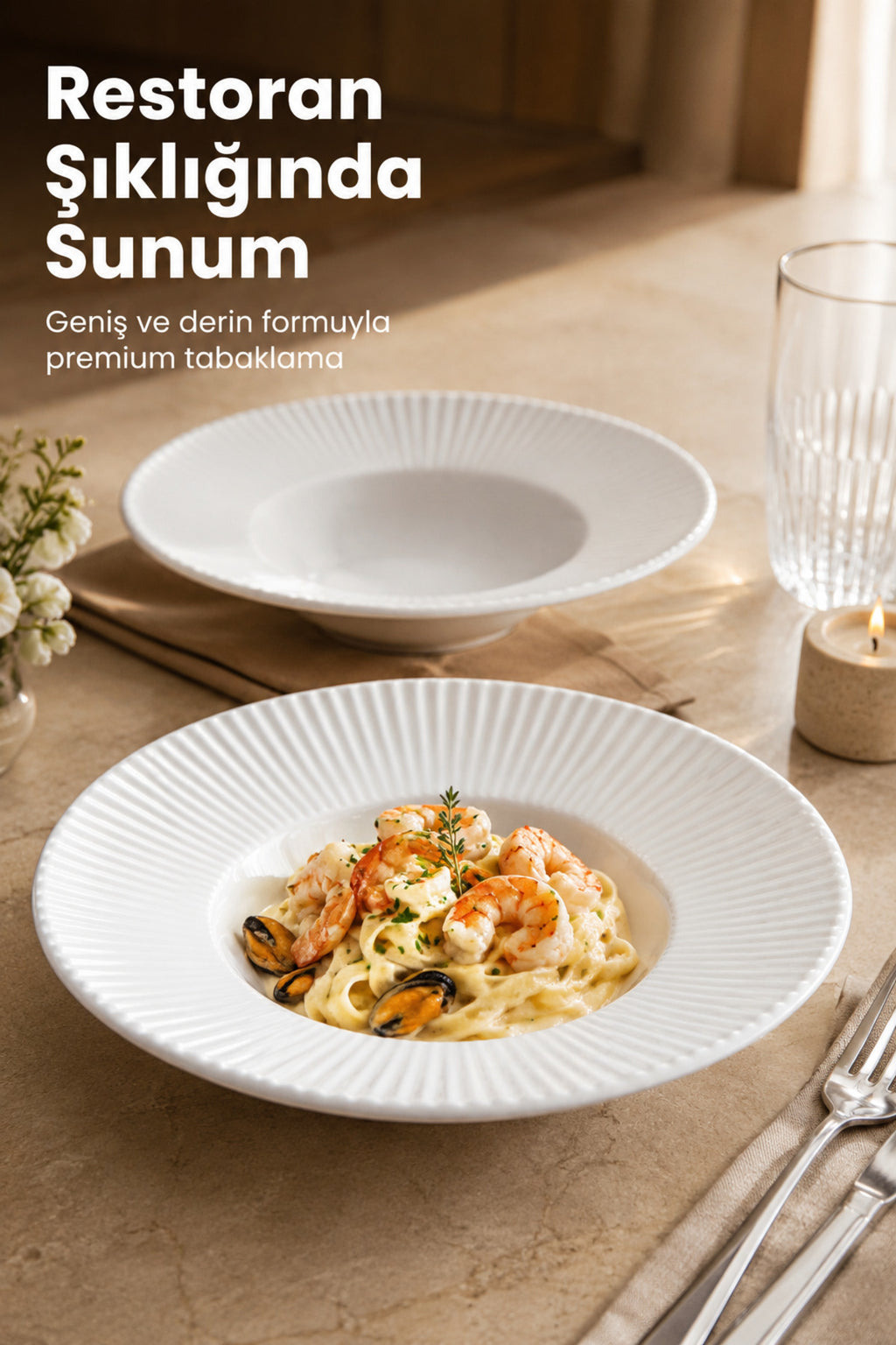 2'li Porselen Çizgi Desenli Çukur Makarna Tabağı Salata Sunum Kasesi 27 cm