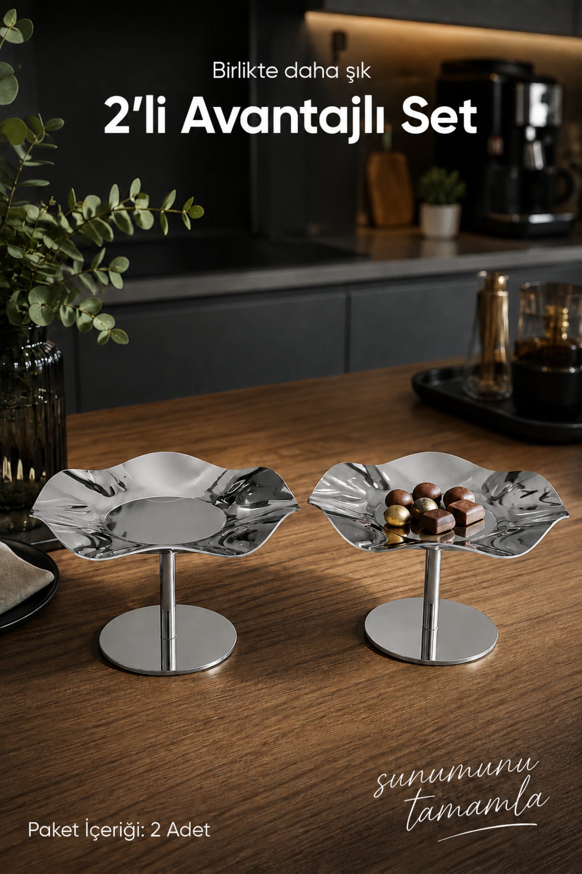 2'li Gümüş Renk Dalgalı Metal Sunum Standı - Şık ve Dekoratif İkramlık Standı