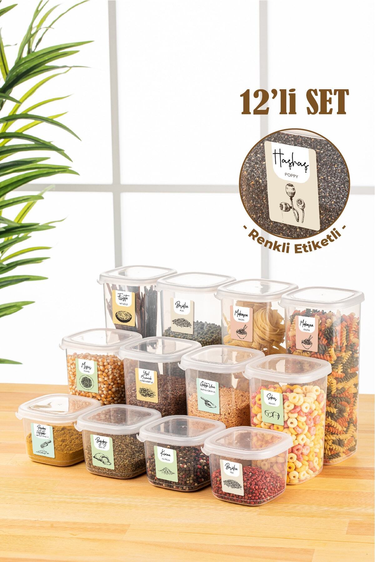 Renkli Etiketli 12li Peggy Kare Erzak Saklama Kabı 4x(0,55 Litre, 1,2 Litre, 1,75 Litre) Beyaz