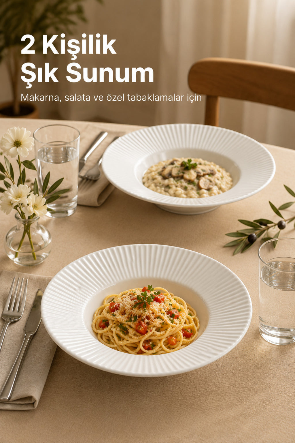 2'li Porselen Çizgi Desenli Çukur Makarna Tabağı Salata Sunum Kasesi 27 cm