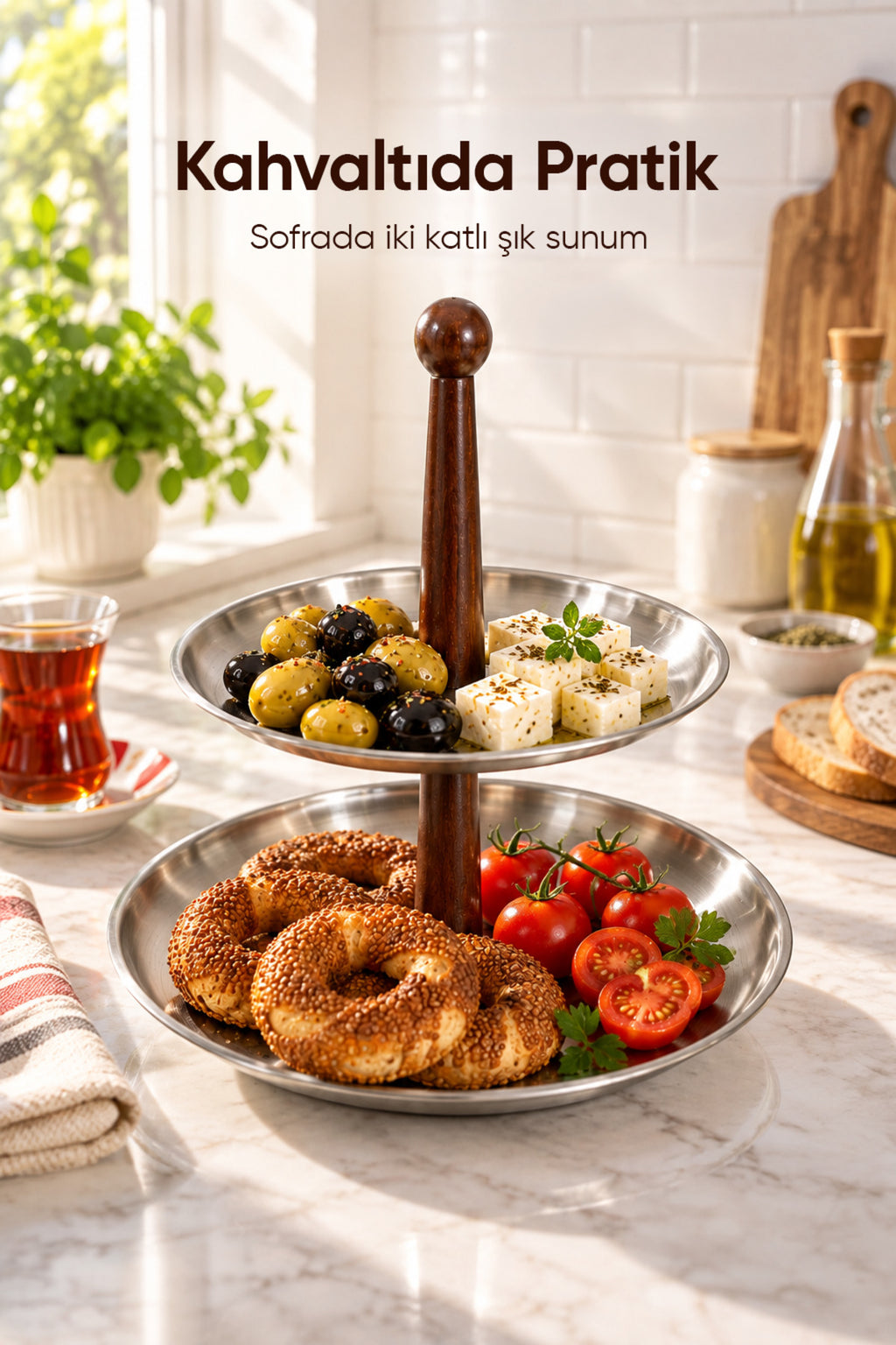 2 Katlı Ahşap Saplı Metal Sunumluk | Servis Standı Kurabiyelik Meyvelik Sunum Tabağı